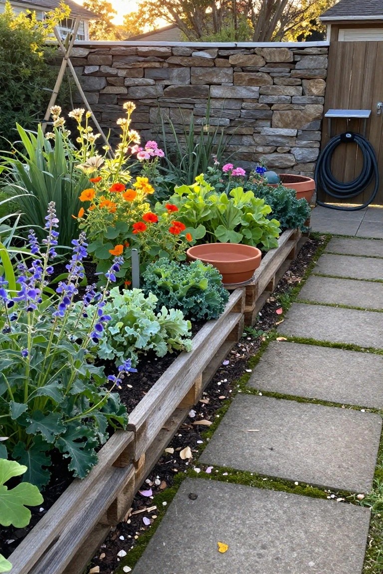 A raised garden bed built from wooden pallets sits beside a stone path, filled with colorful flowers and leafy vegetables against a stone wall.