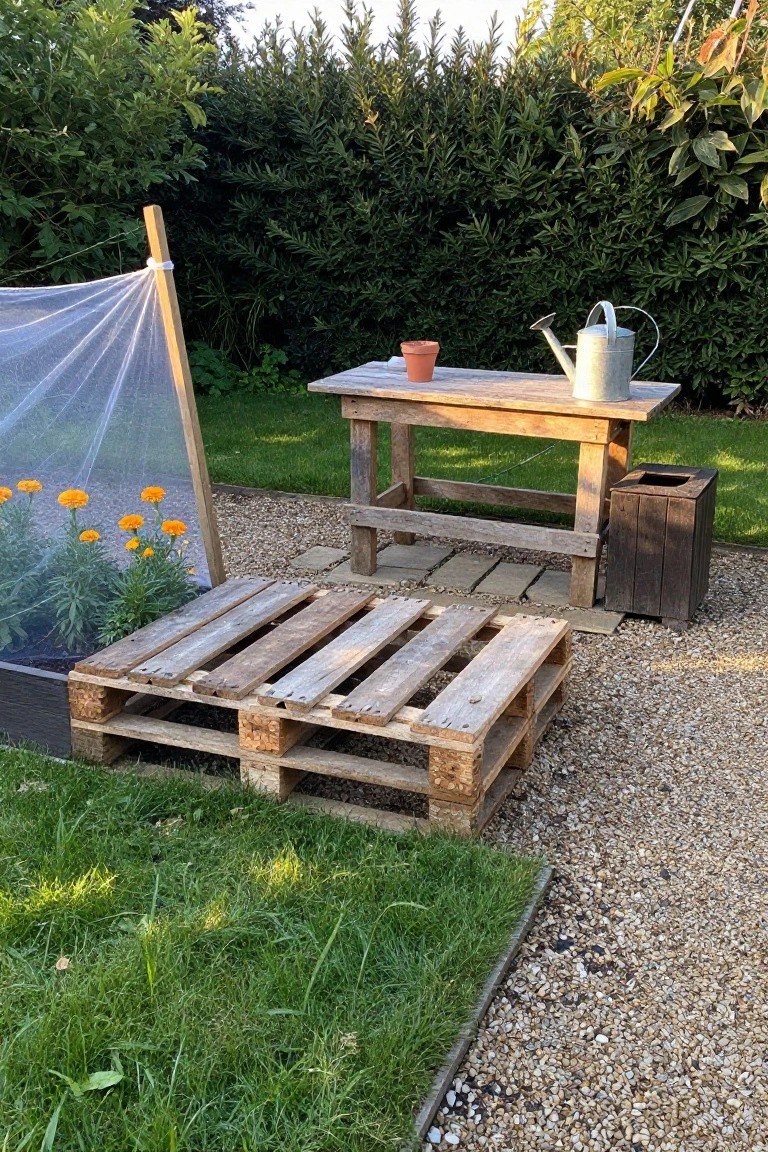 Wooden pallets arranged as raised garden beds beside a gravel path with flowers growing in one bed and a wooden table nearby.