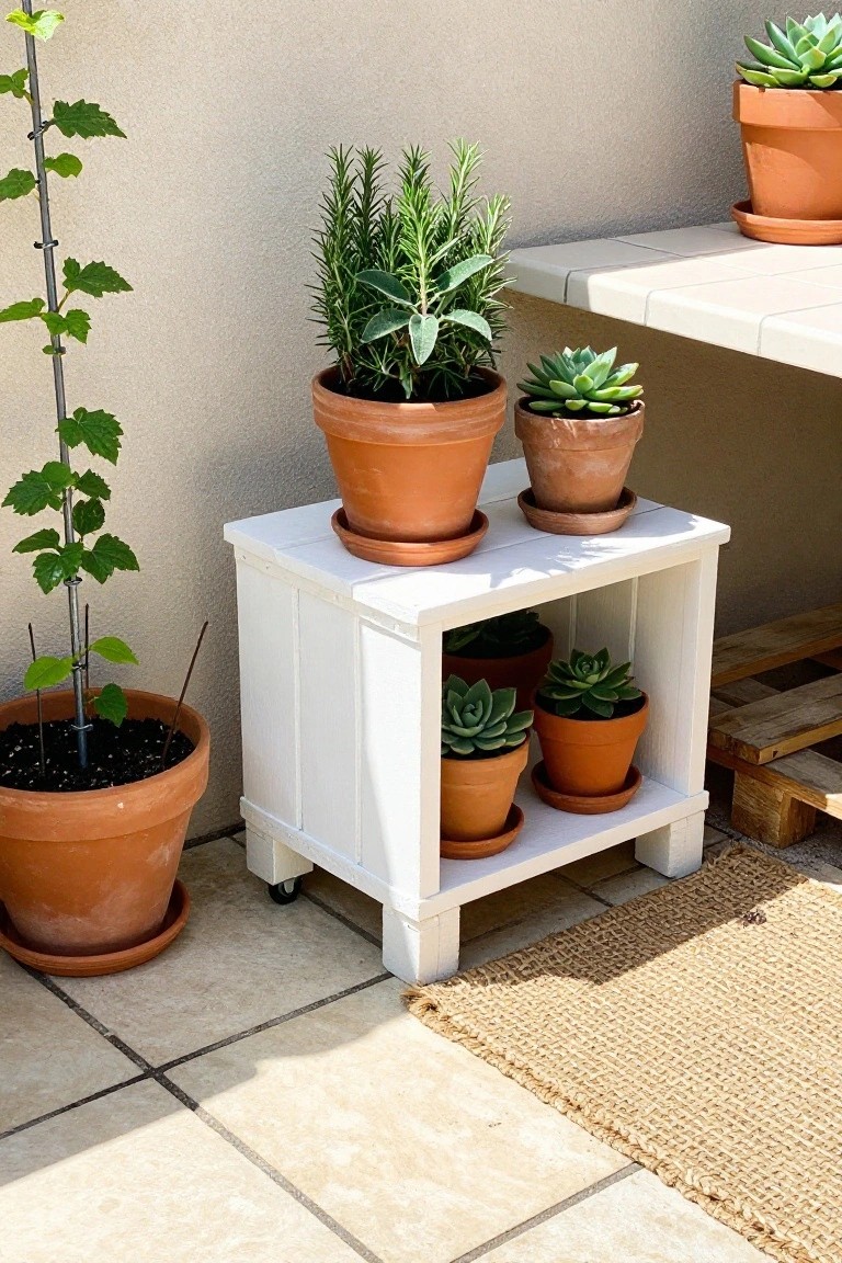 White wooden rolling stand with terracotta pots of succulents and herbs on patio