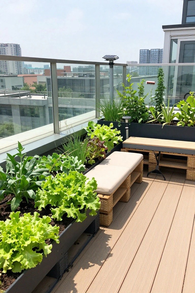A rooftop deck with raised garden beds filled with leafy greens and two pallet wood benches with cushions next to a glass railing.