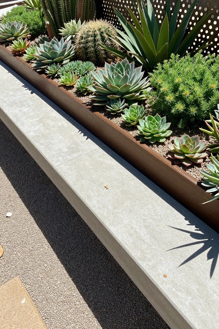A long raised garden bed with a thick concrete ledge holds rows of succulents and small shrubs in gravel mulch.