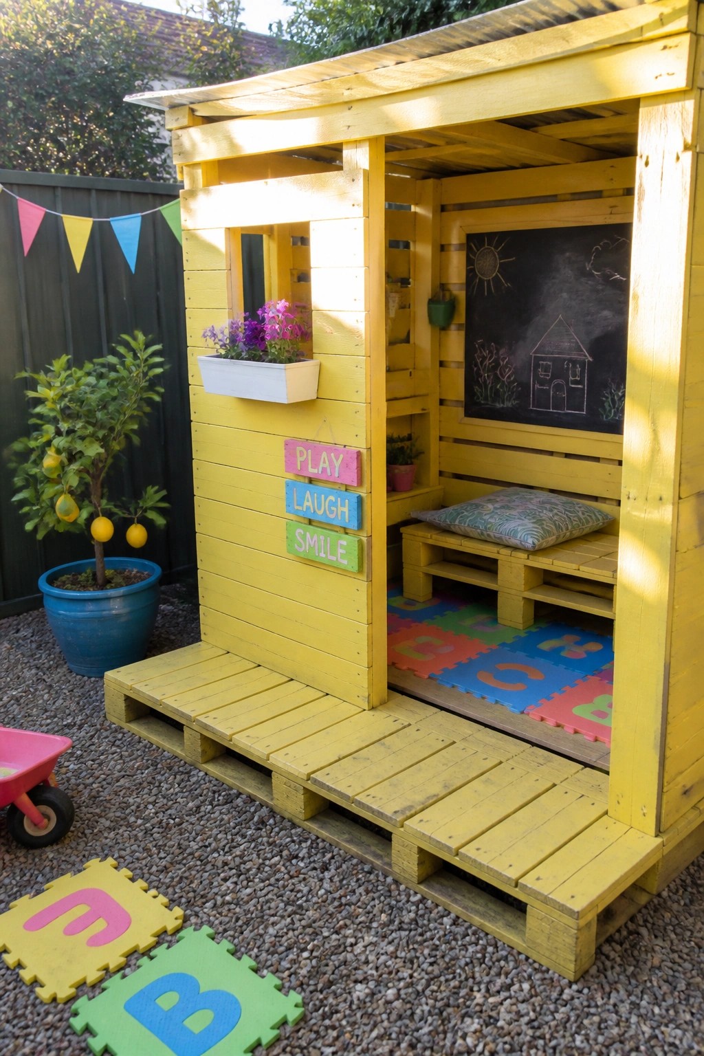A bright yellow pallet playhouse with a chalkboard wall, cushioned bench, colorful signs, and foam mats on the ground in a backyard setting.