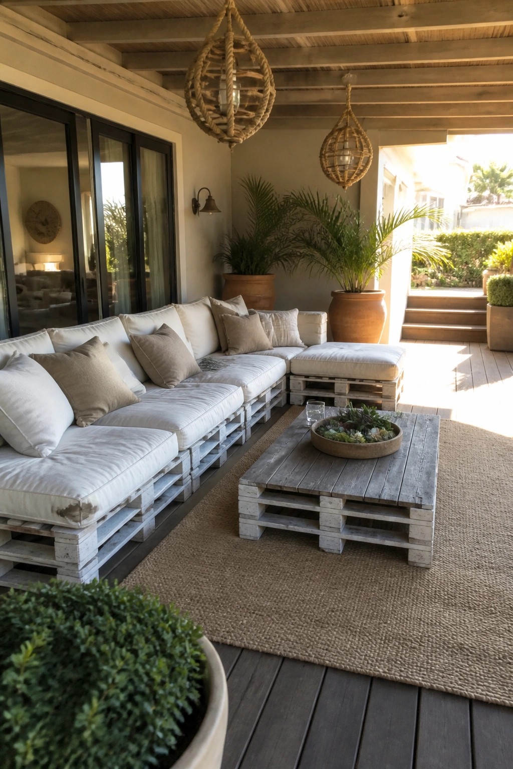 An outdoor deck with an L-shaped sectional sofa and coffee table built from whitewashed wooden pallets, topped with white and beige cushions, next to potted plants and a woven rug.