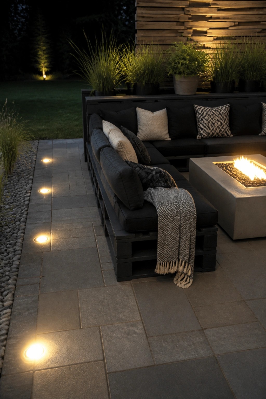 A black pallet sectional with cushions and a throw blanket sits on a stone patio beside a lit fire pit, with potted plants and path lights visible in the background.