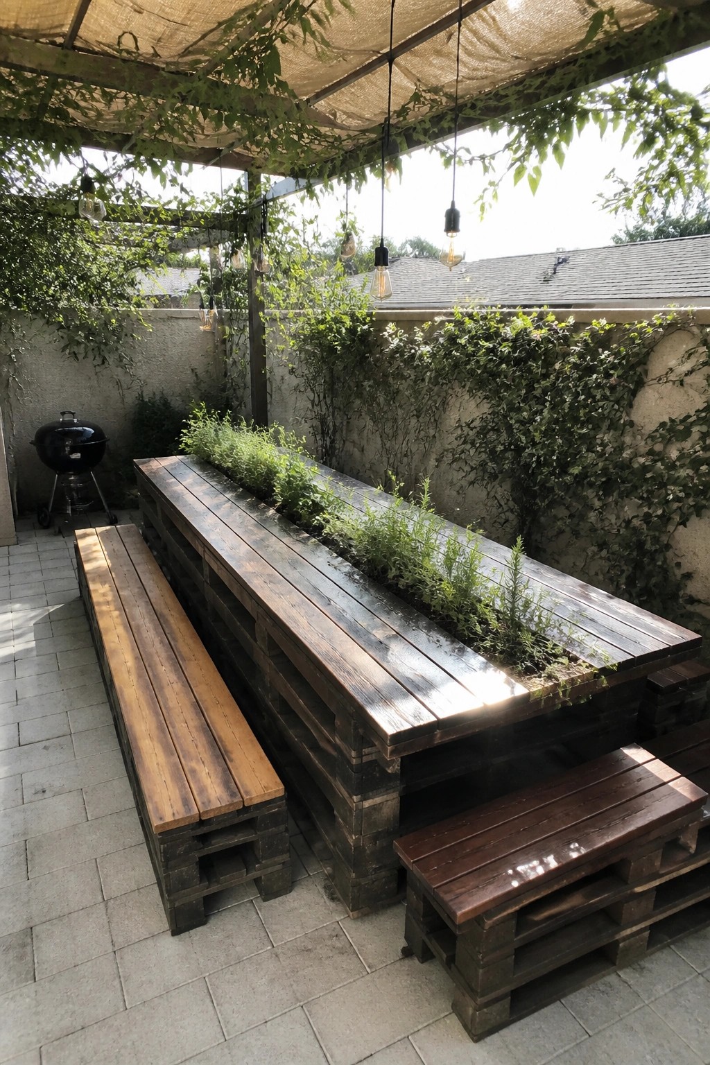 Rustic pallet wood table with central herb planter and benches on shaded patio