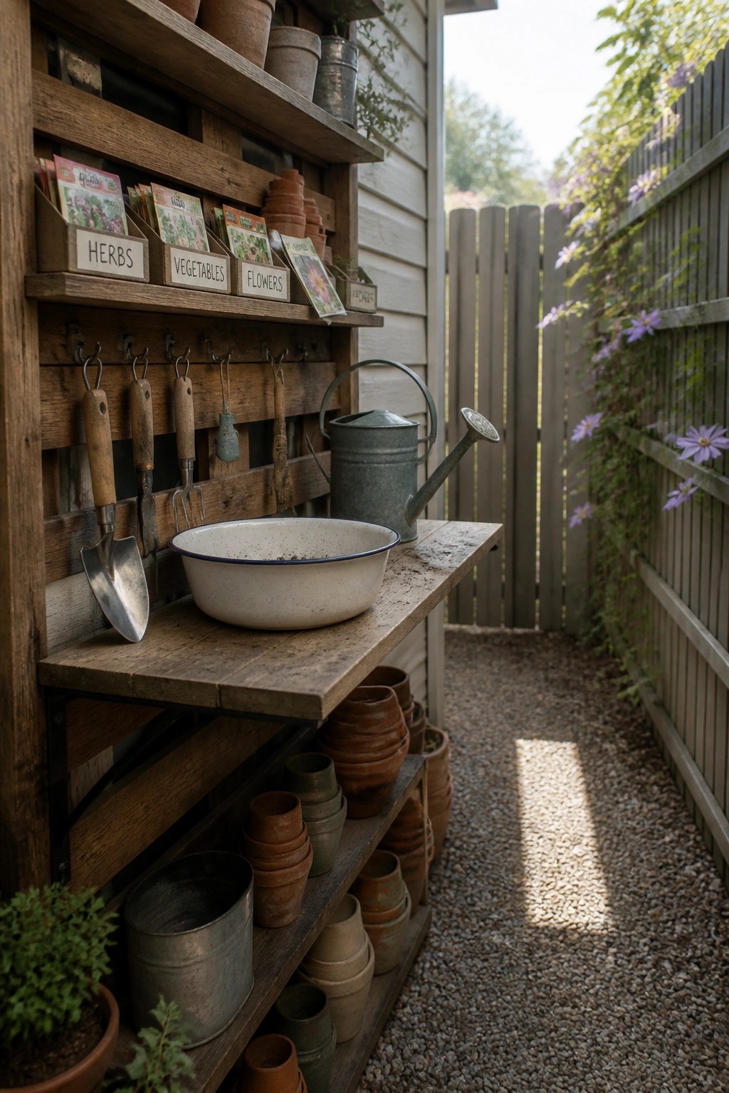 A wooden pallet structure mounted outdoors holds garden tools on hooks, seed packets in labeled compartments, and stacks of terracotta pots on multiple shelves beside a gravel path.