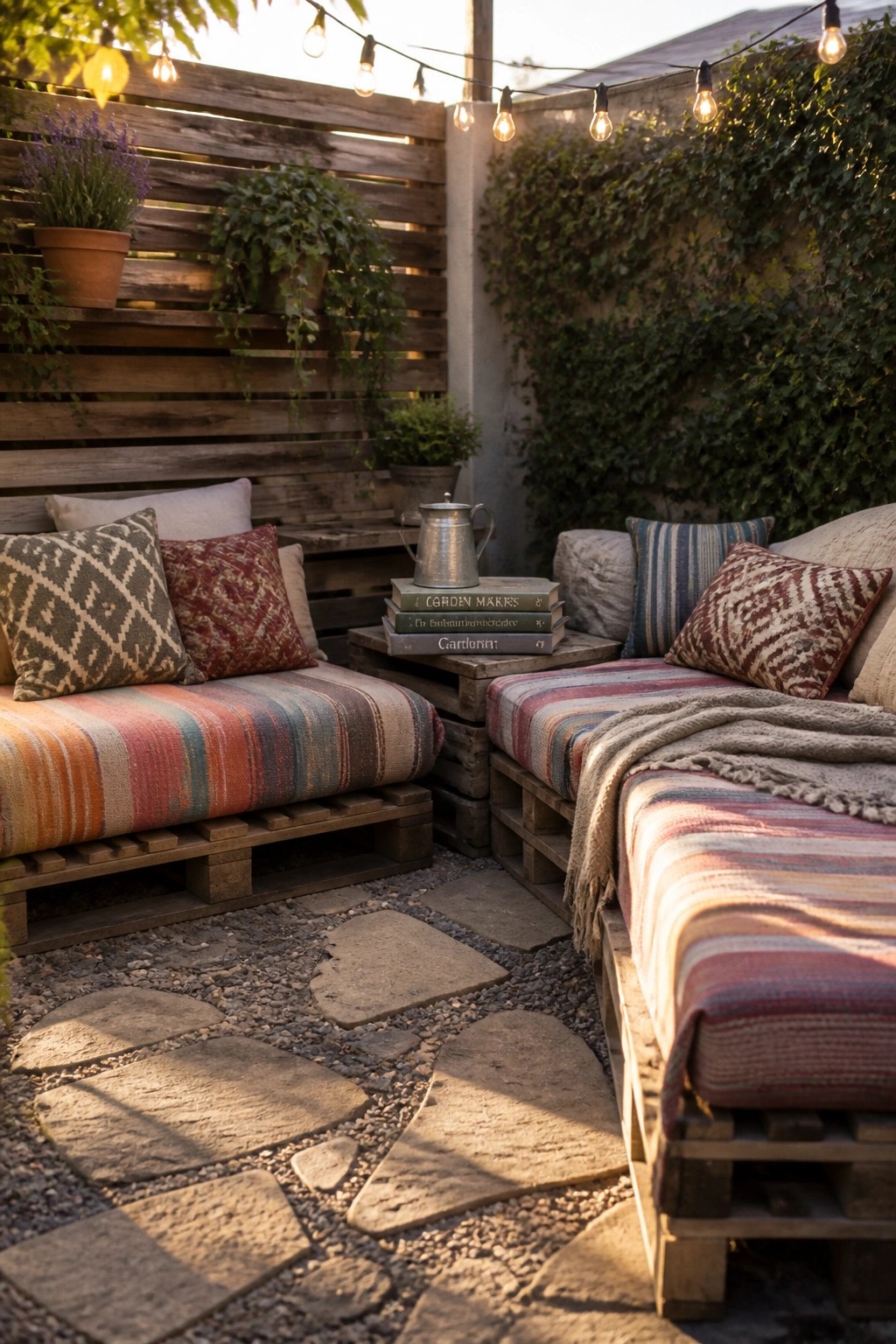 Cozy pallet seating with striped cushions on a stone garden path under string lights