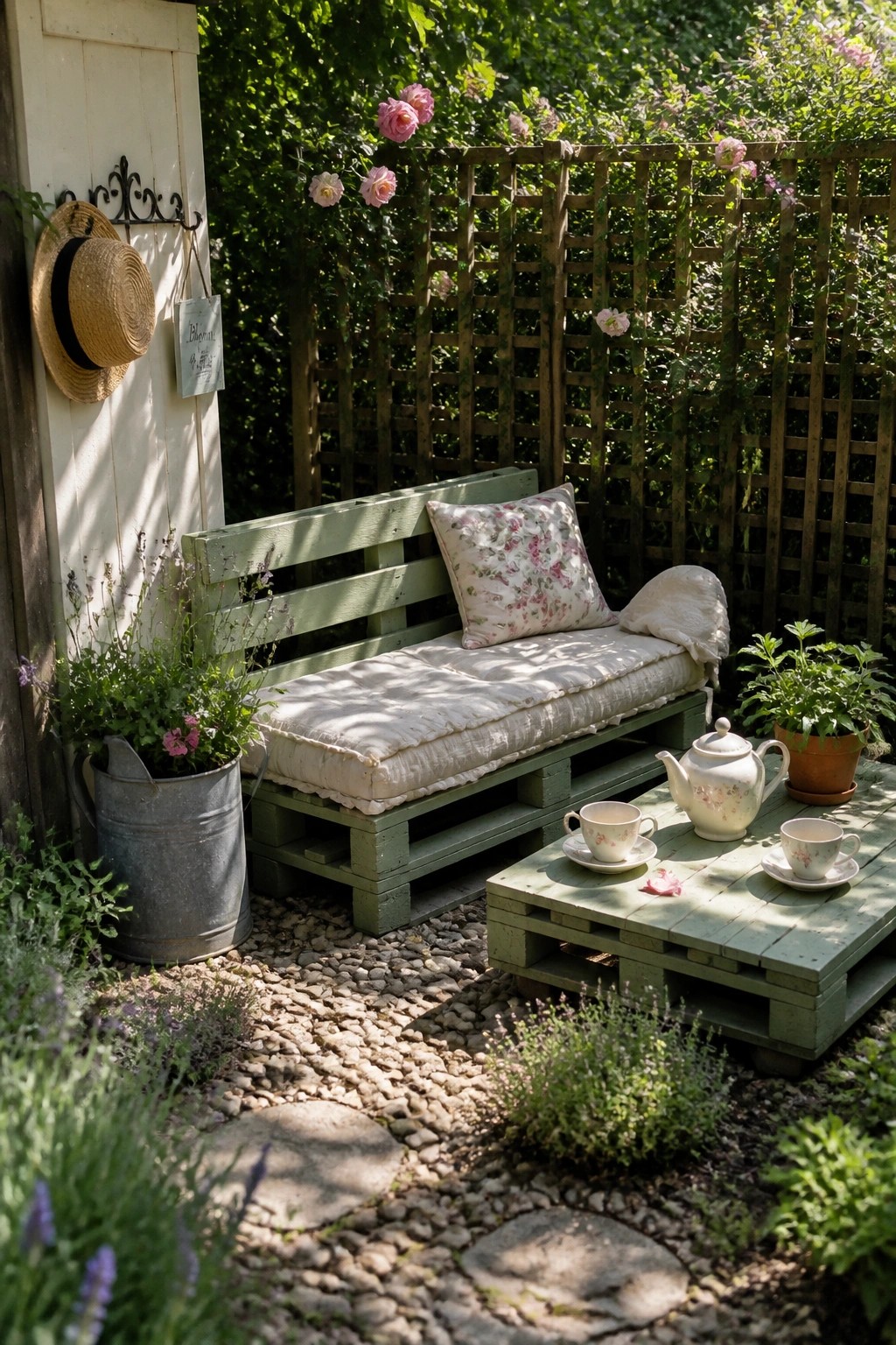 A green painted wooden pallet bench with a cushion and floral pillow sits next to a matching pallet table holding a teapot and teacups on a gravel garden path.