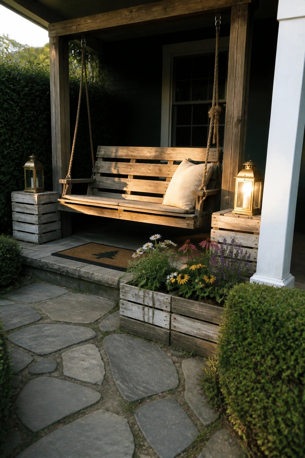 A wooden pallet swing hangs from ropes on a porch, flanked by pallet crates holding lit lanterns and a pallet planter with flowers along a stone path.