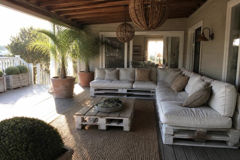 An outdoor deck with an L-shaped sectional sofa and coffee table built from whitewashed wooden pallets, topped with white and beige cushions, next to potted plants and a woven rug.