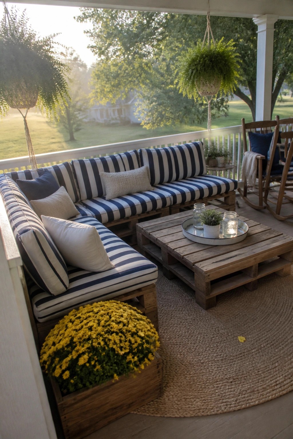 Wooden pallet sectional sofa with blue and white striped cushions on a porch, next to a matching pallet coffee table holding jars and a small plant.