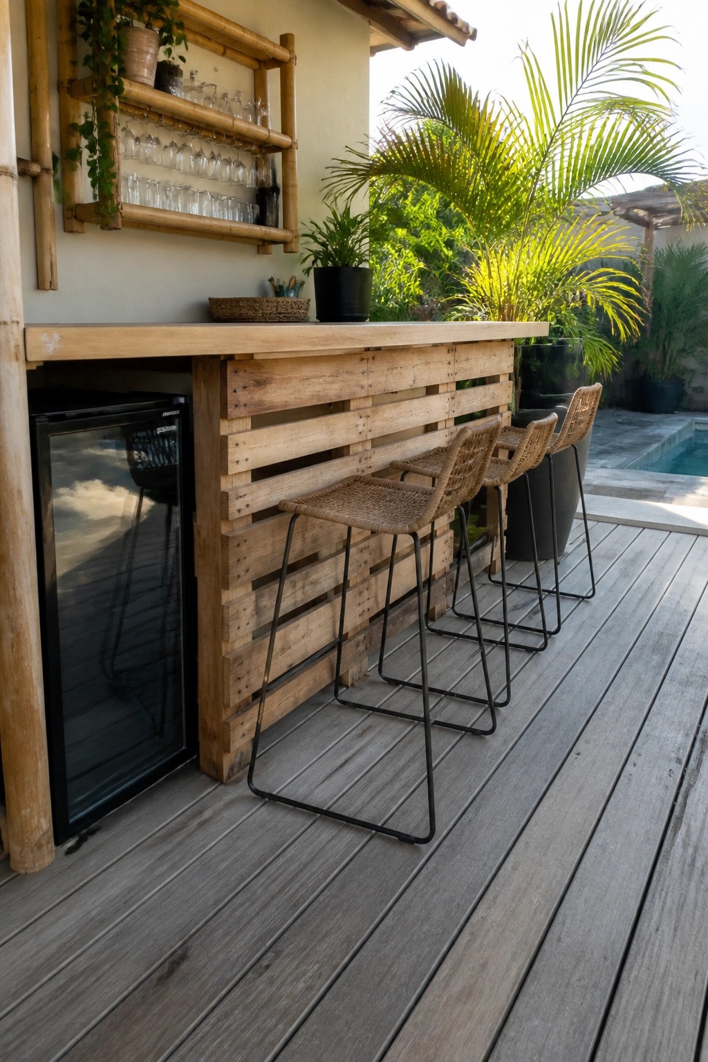 Wooden pallet bar on a gray deck with a light wood counter, black mini-fridge underneath on the left, and four woven bar stools lined up in front.