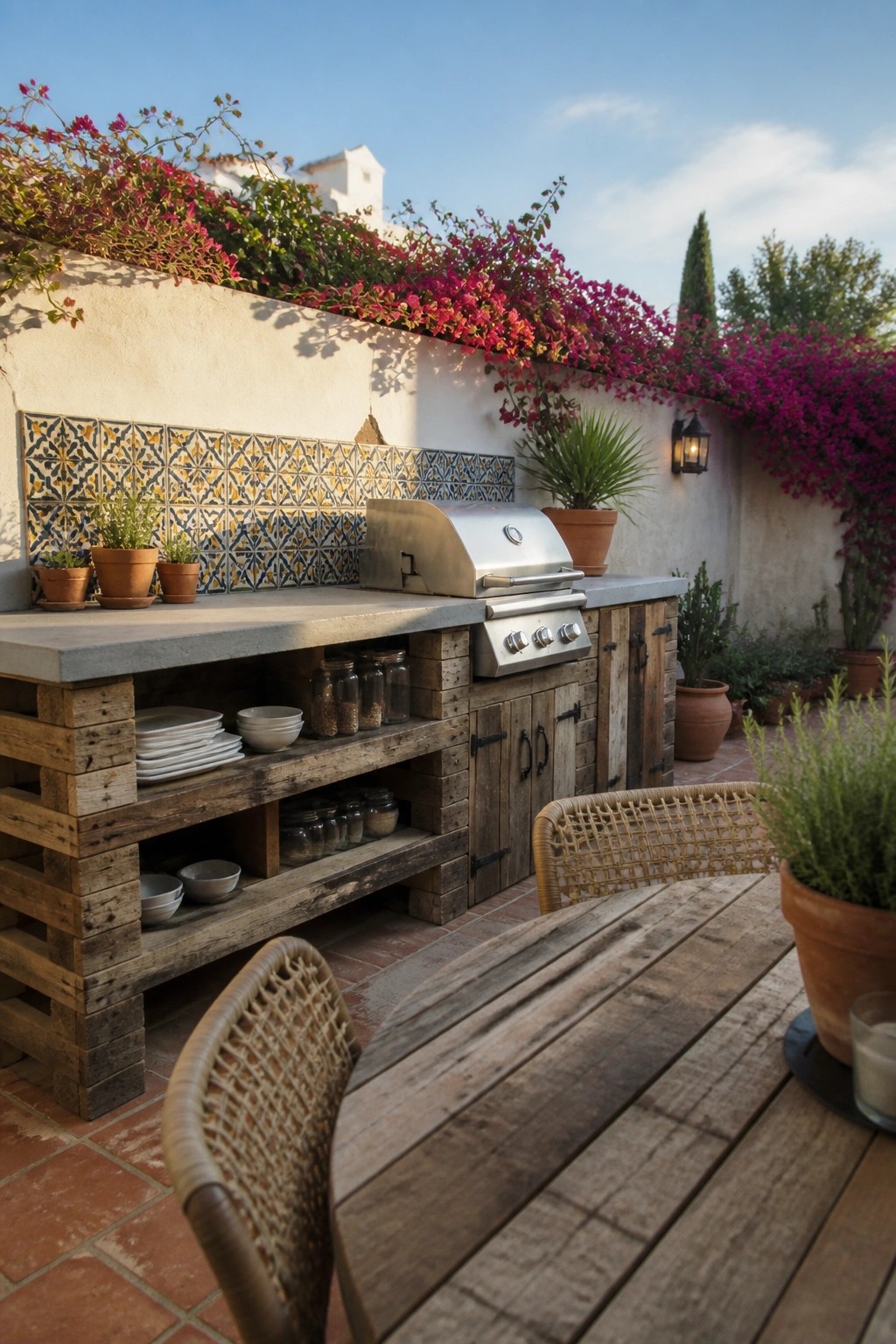 An outdoor kitchen with wooden pallet shelving, a stainless steel grill on a concrete counter, open storage with dishes and jars, and surrounding potted plants on a tiled patio.