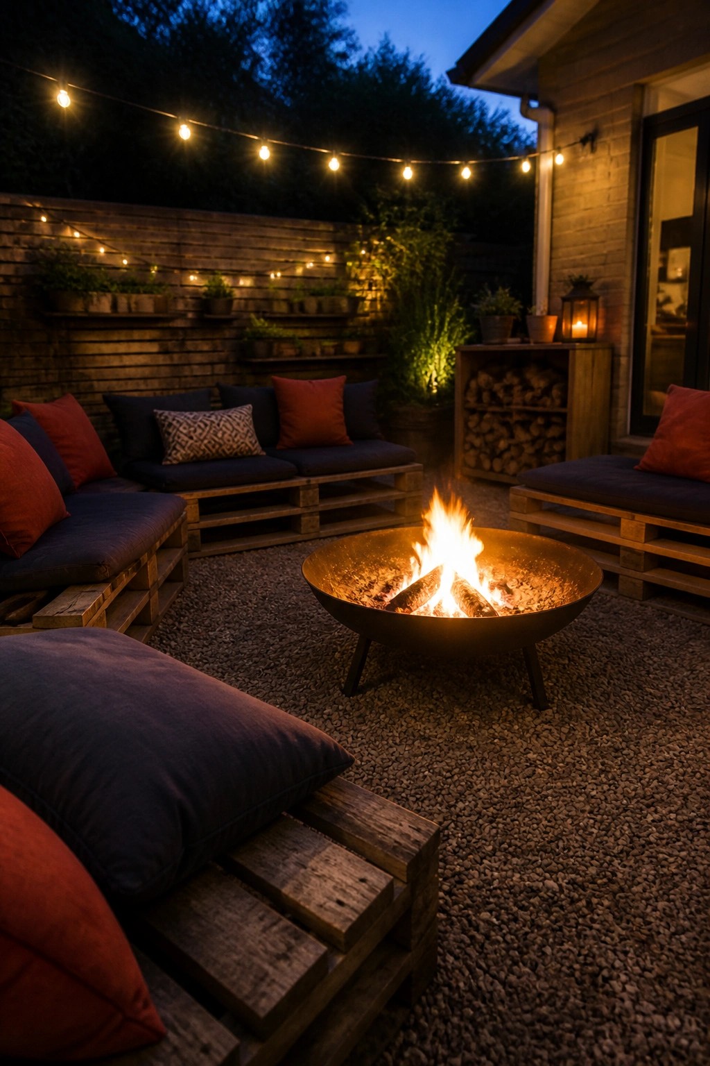 Outdoor fire pit on gravel with pallet sofas and cushions arranged around it, string lights overhead.