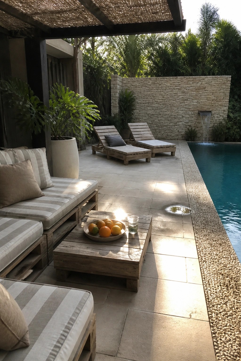 A patio with pallet wood sofa and coffee table beside a swimming pool, two lounge chairs, and a stone wall with a small fountain.