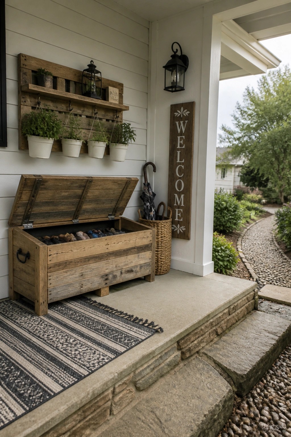 Wooden pallet storage chest with open lid on a front porch beside a wall-mounted pallet shelf with hanging plants and a vertical welcome sign.