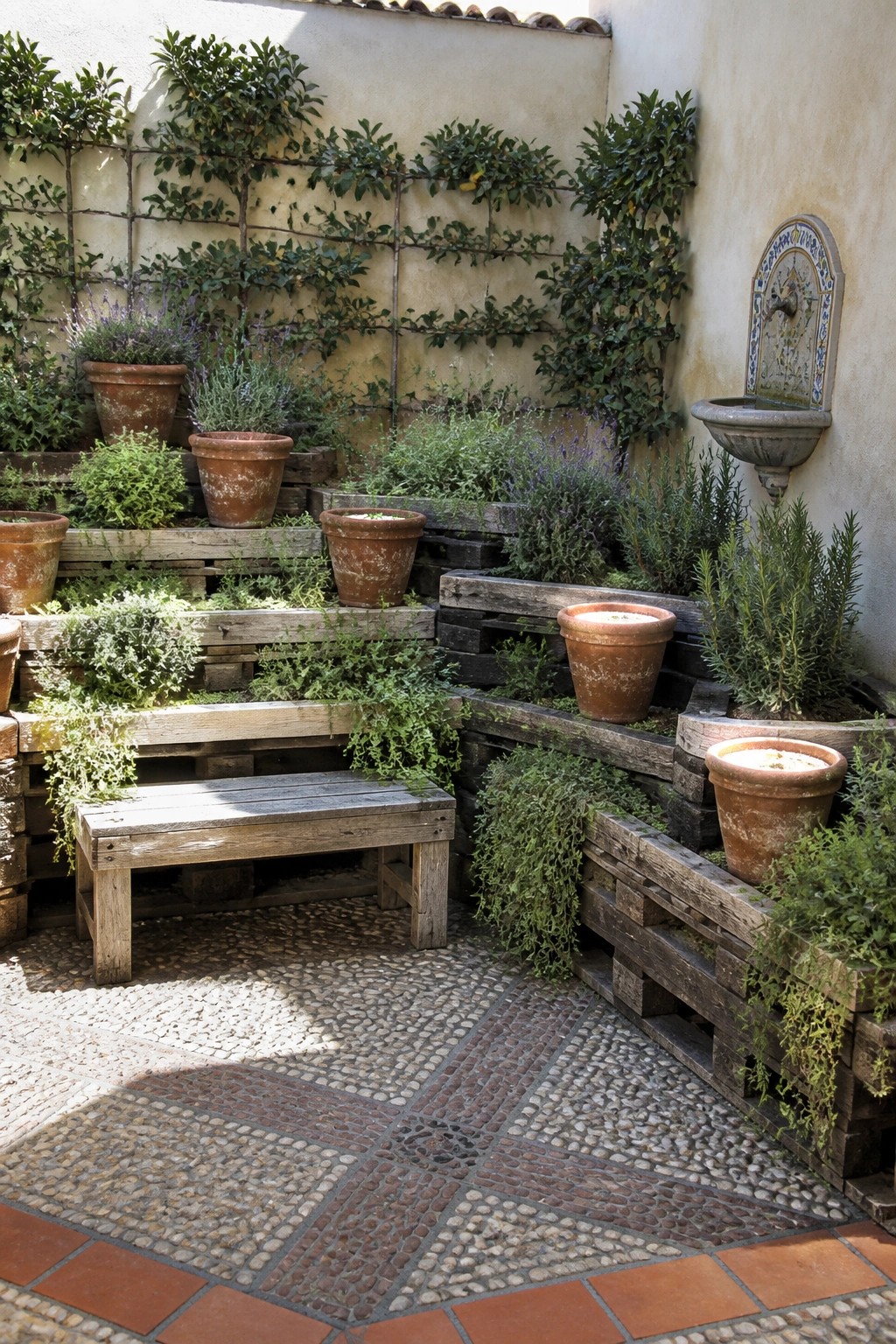 An outdoor garden corner with tiered wooden pallet planters holding terracotta pots, a simple pallet bench, and a pebble path.