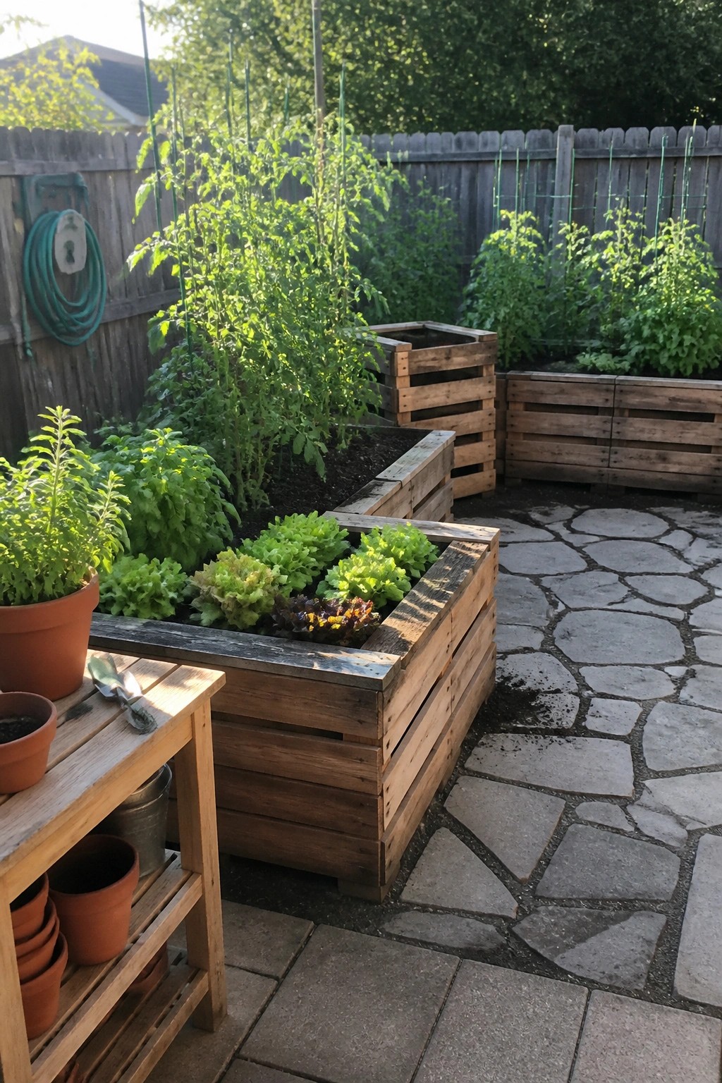 Raised wooden garden beds with lettuce and vegetables on stone patio