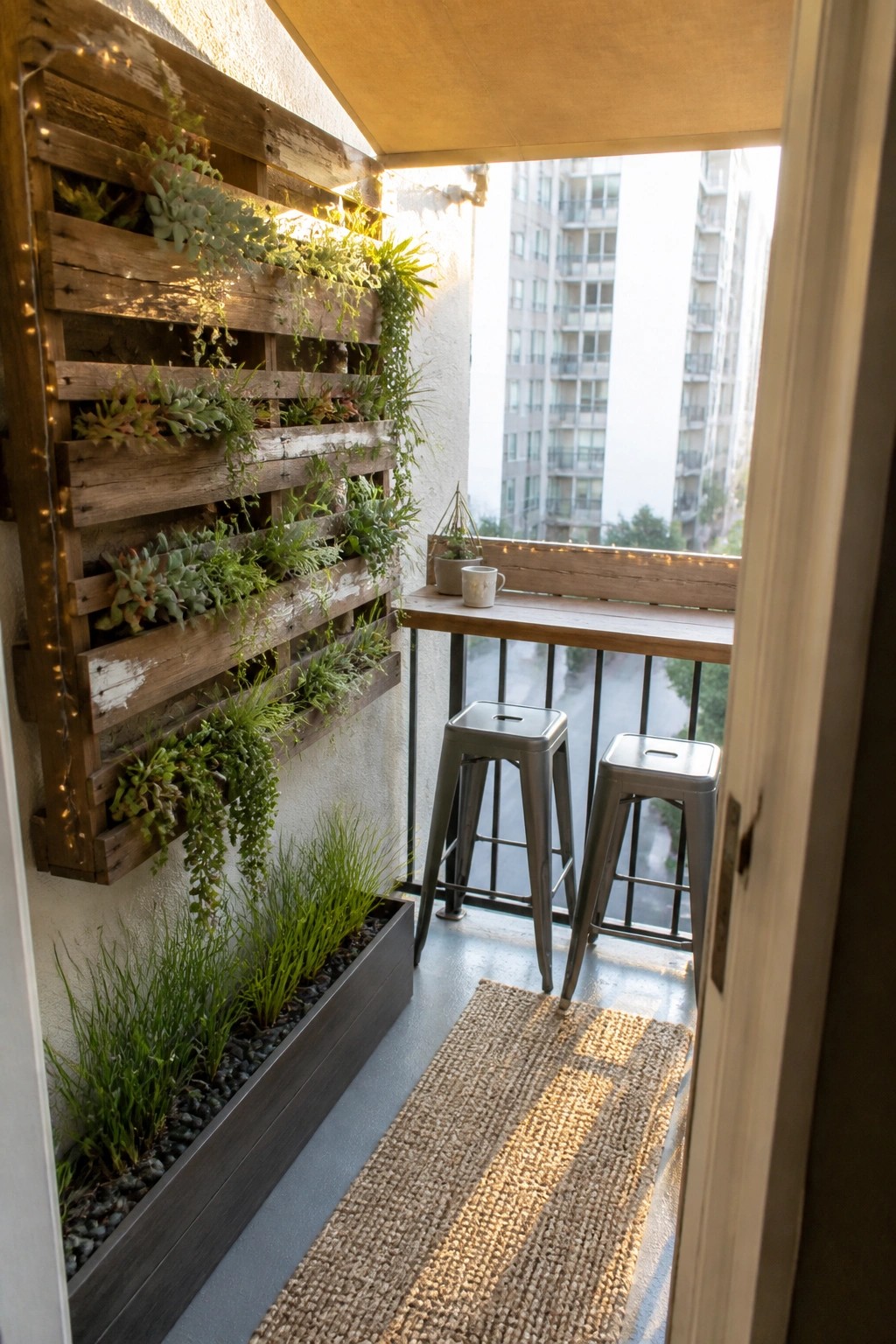 A wooden pallet mounted vertically on a balcony wall is filled with succulents and trailing plants, with string lights wrapped around the edges, next to a wooden counter and two metal stools.