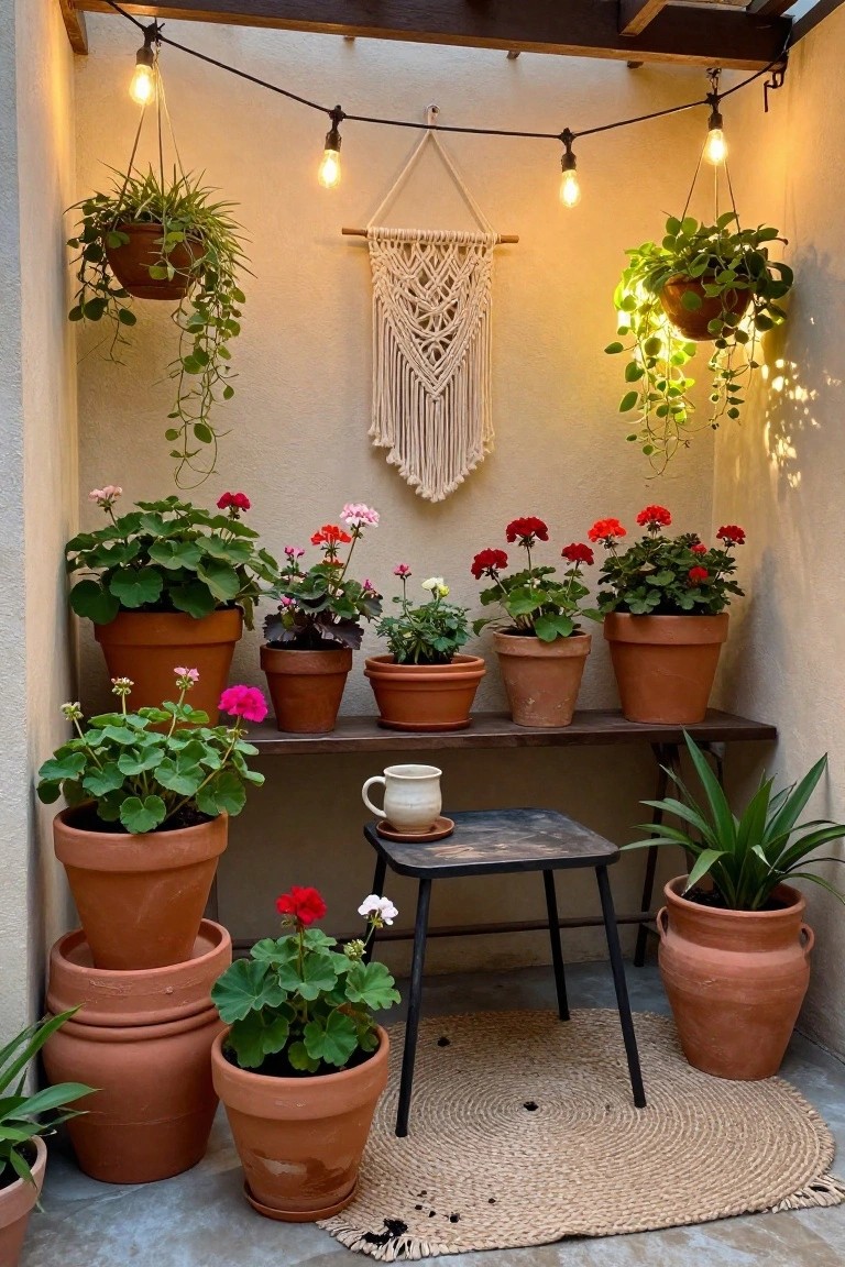 Cozy patio with blooming geraniums in terracotta pots, macrame hanging, and string lights