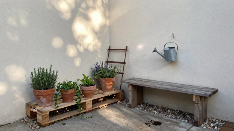 A wooden pallet with three horizontal shelves holding multiple terracotta pots of plants, positioned in an outdoor corner against a wall with gravel at the base.