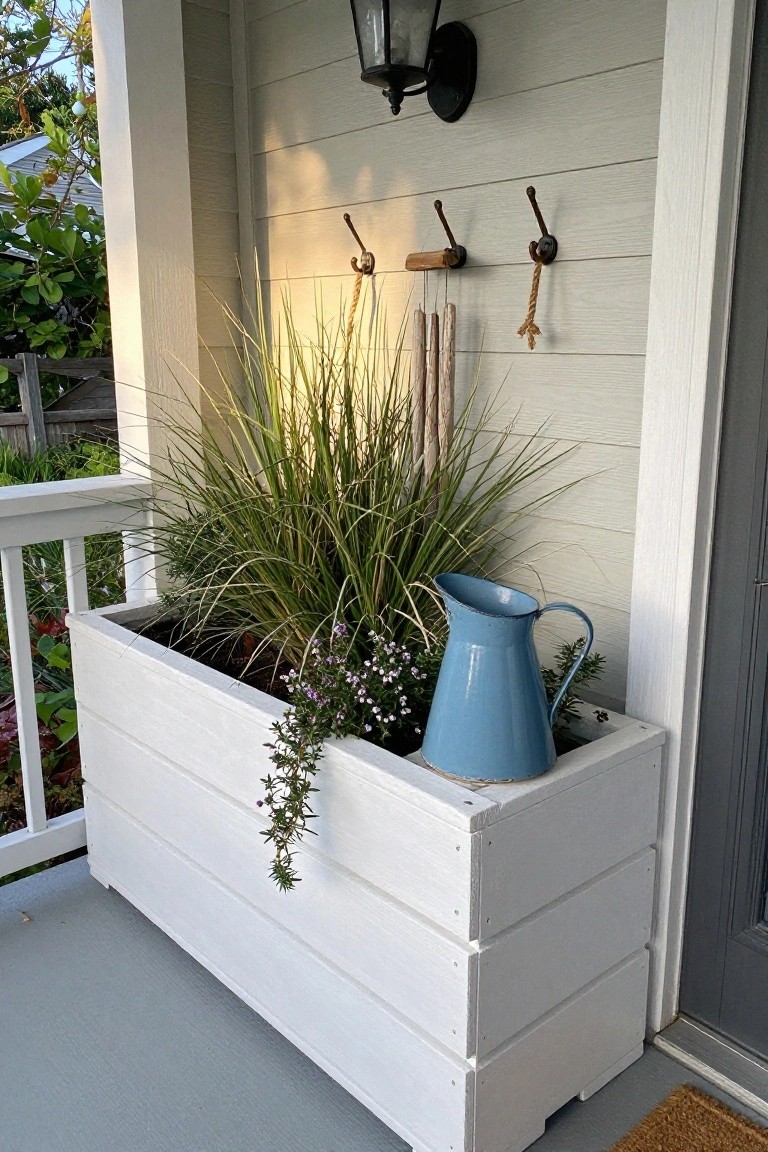 A white wooden planter box with tall grasses and trailing purple flowers sits on a porch next to a gray door, with a blue pitcher inside the box.