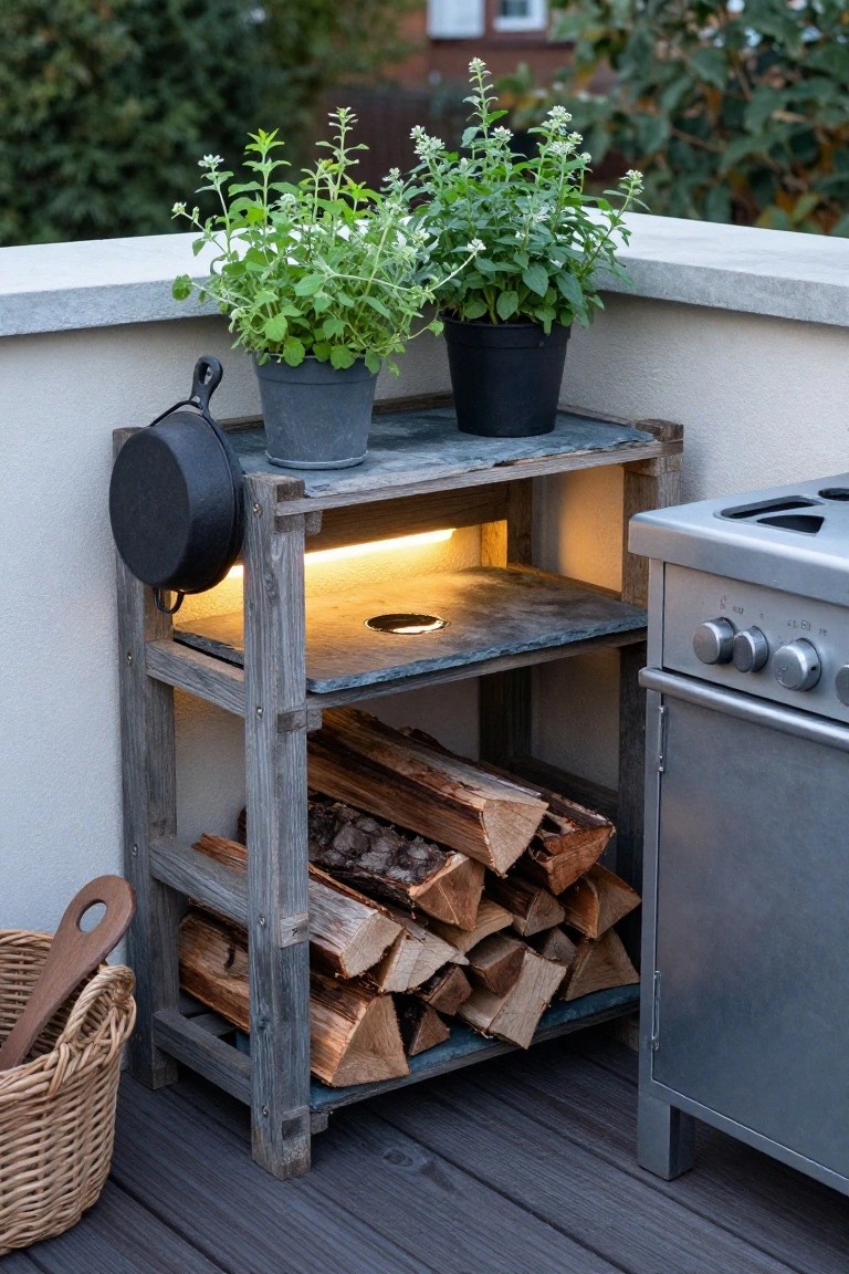 Wooden patio shelf with potted herbs, stacked firewood, pan, and grill