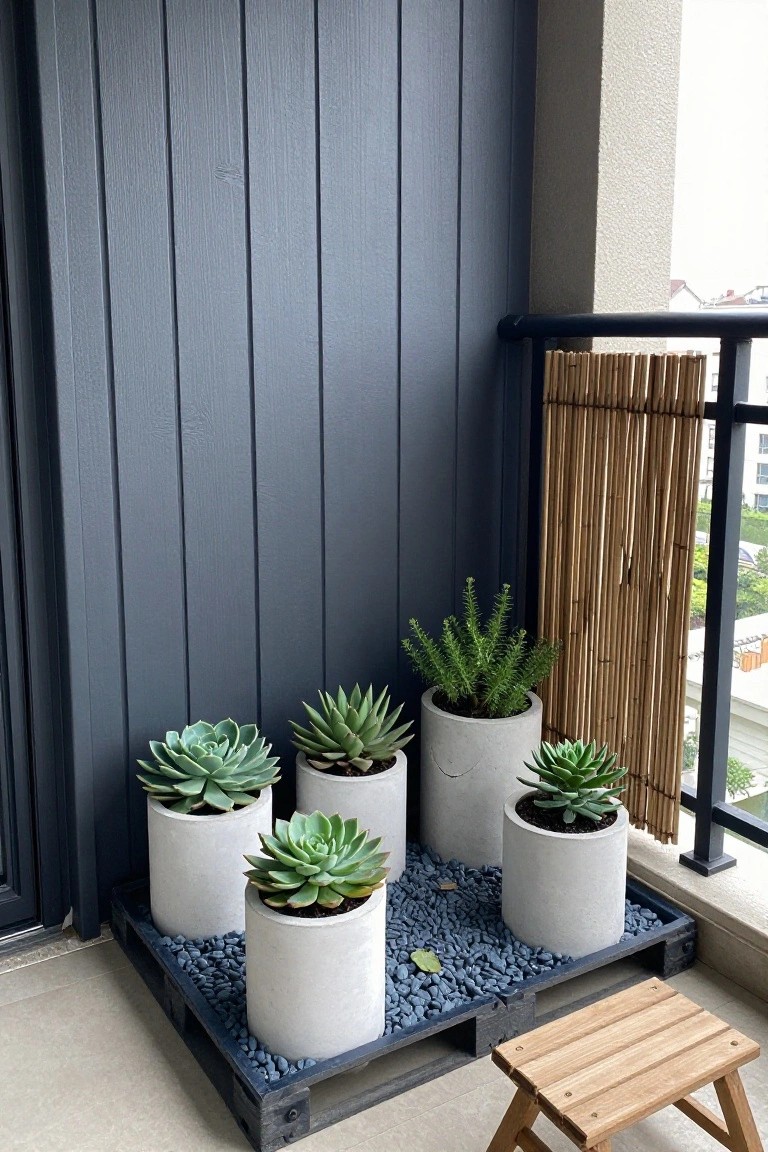 Several potted succulents and a taller green plant sit on a wooden pallet filled with blue pebbles in a narrow balcony corner against a dark vertical wall.