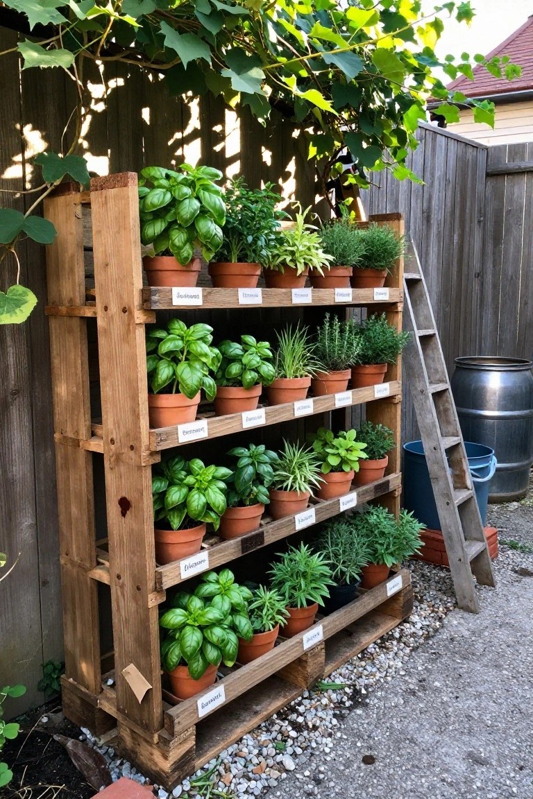 A wooden pallet turned into a vertical multi-tier planter filled with potted herbs and plants placed against a fence in a gravel area.