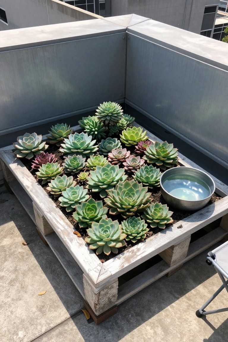 A rectangular wooden pallet planter filled with succulents sits in a corner formed by gray metal walls, with a metal bowl of water resting on the soil.