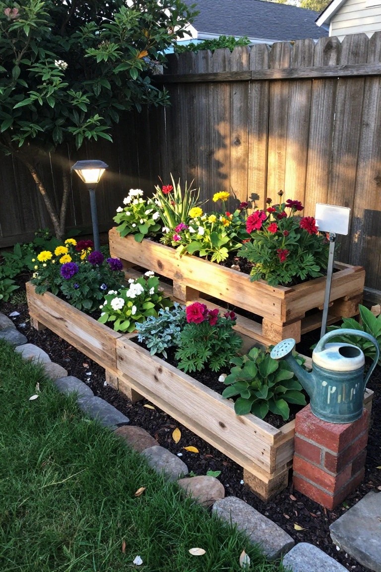 Wooden pallet planters stacked in two levels along a fence, filled with flowers and placed on a bed of mulch.