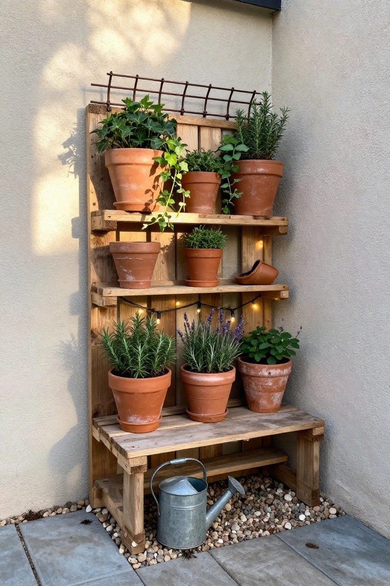 A wooden pallet with three horizontal shelves holding multiple terracotta pots of plants, positioned in an outdoor corner against a wall with gravel at the base.