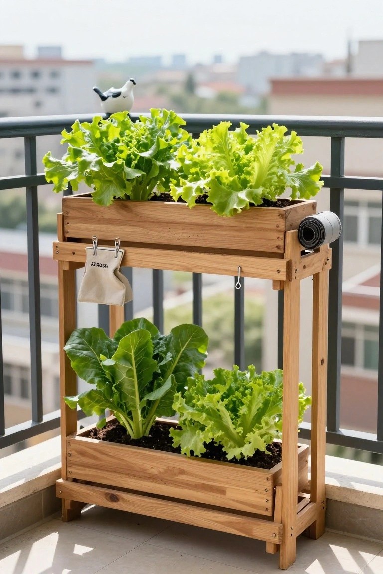 Wooden two-tiered balcony planter filled with lush green leafy vegetables