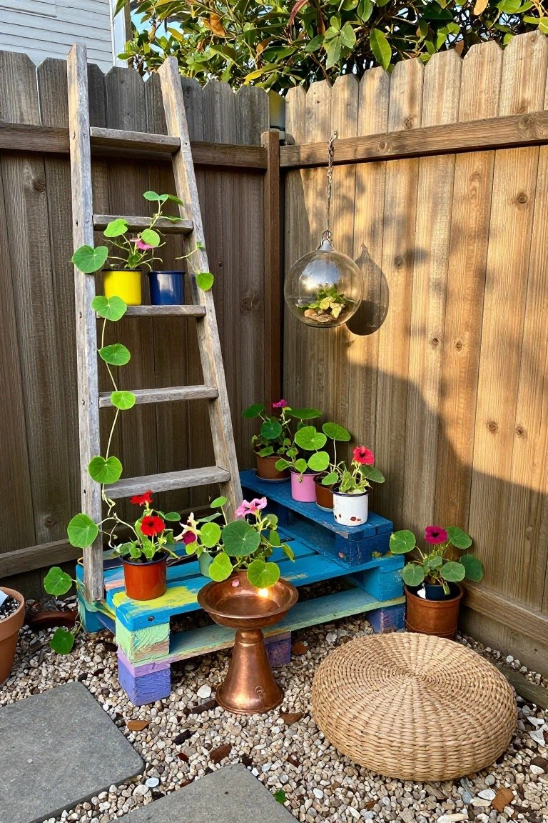 A blue painted wooden pallet holds several potted plants in a gravel corner beside a wooden fence, with a ladder also holding pots nearby.