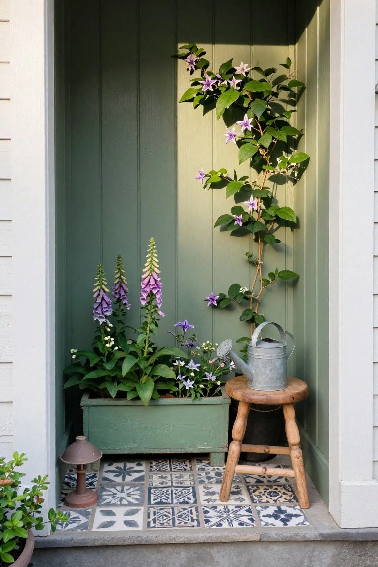 A narrow outdoor corner beside a green house wall features a long rectangular green planter box with purple flowers and a climbing vine, next to a wooden stool holding a metal watering can on patterned tile flooring.