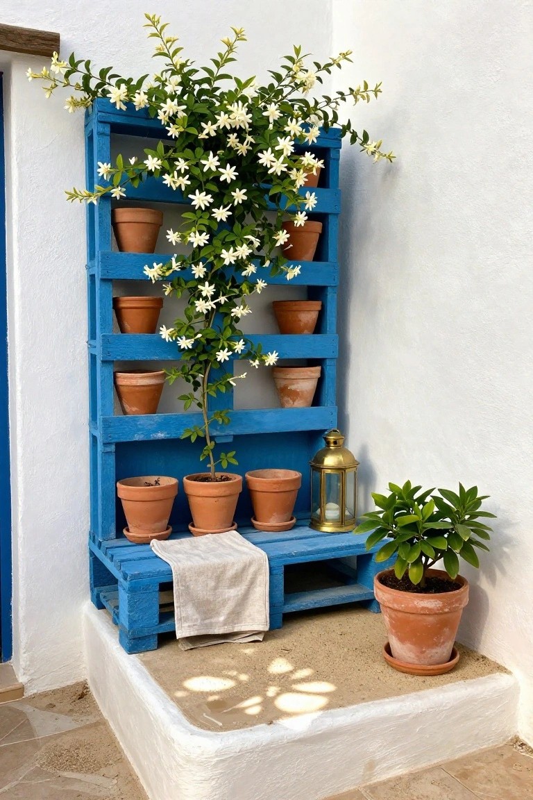 A blue wooden pallet repurposed as a vertical planter with multiple terracotta pots and a flowering vine stands against a white wall in an outdoor corner.