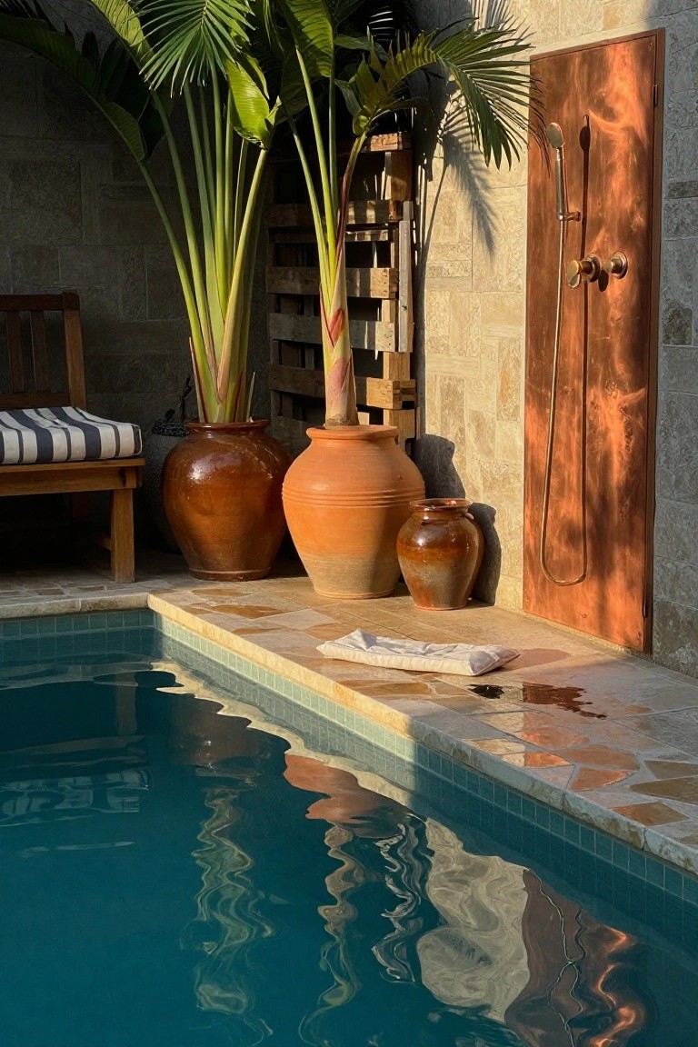 A wooden pallet stands vertically in a narrow corner next to large terracotta pots and an outdoor shower along a swimming pool edge.
