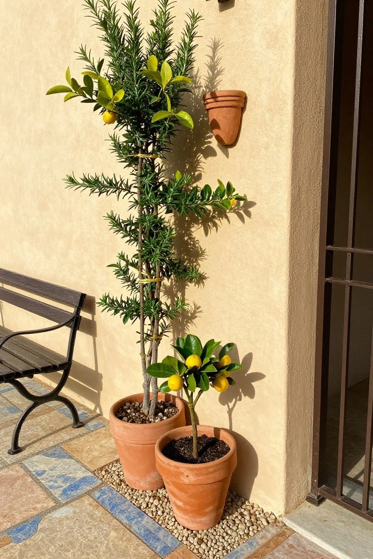 Two terracotta pots holding small citrus trees and a tall trained shrub sit in a narrow corner against a beige wall on a tiled patio.