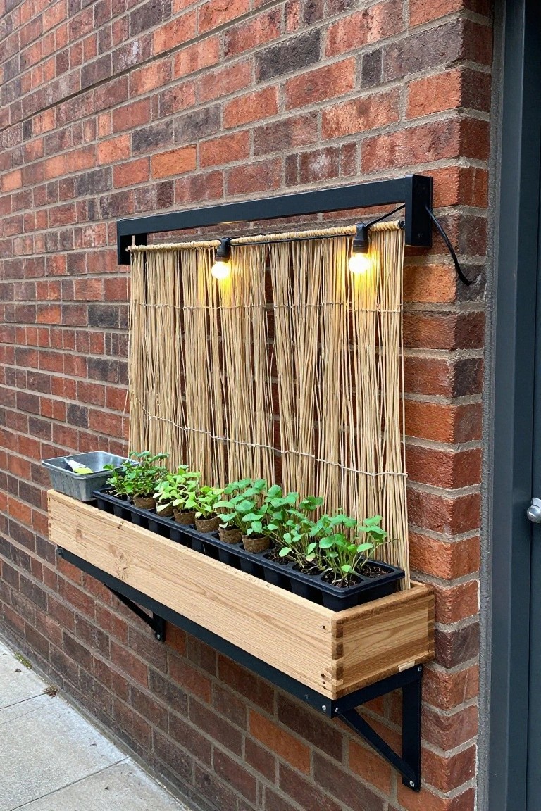 Wooden planter with seedlings below lit bamboo screen on red brick wall