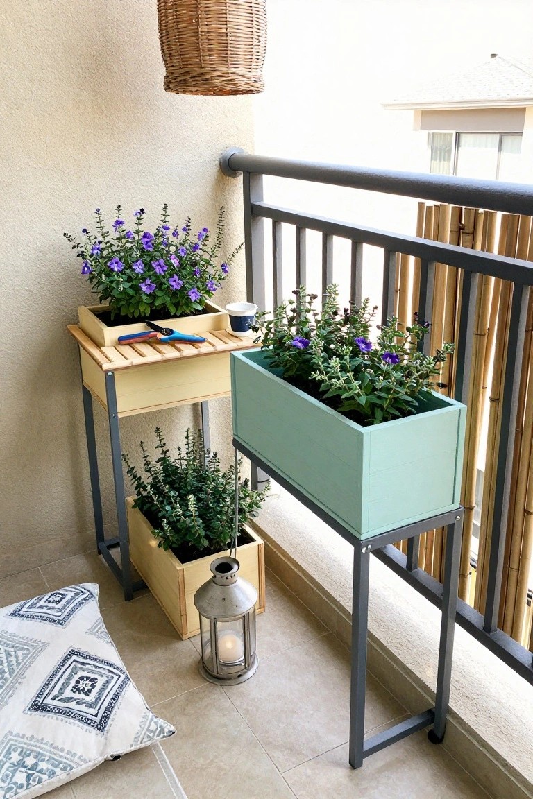Balcony with wooden table, mint green planter, purple flowers, and lantern