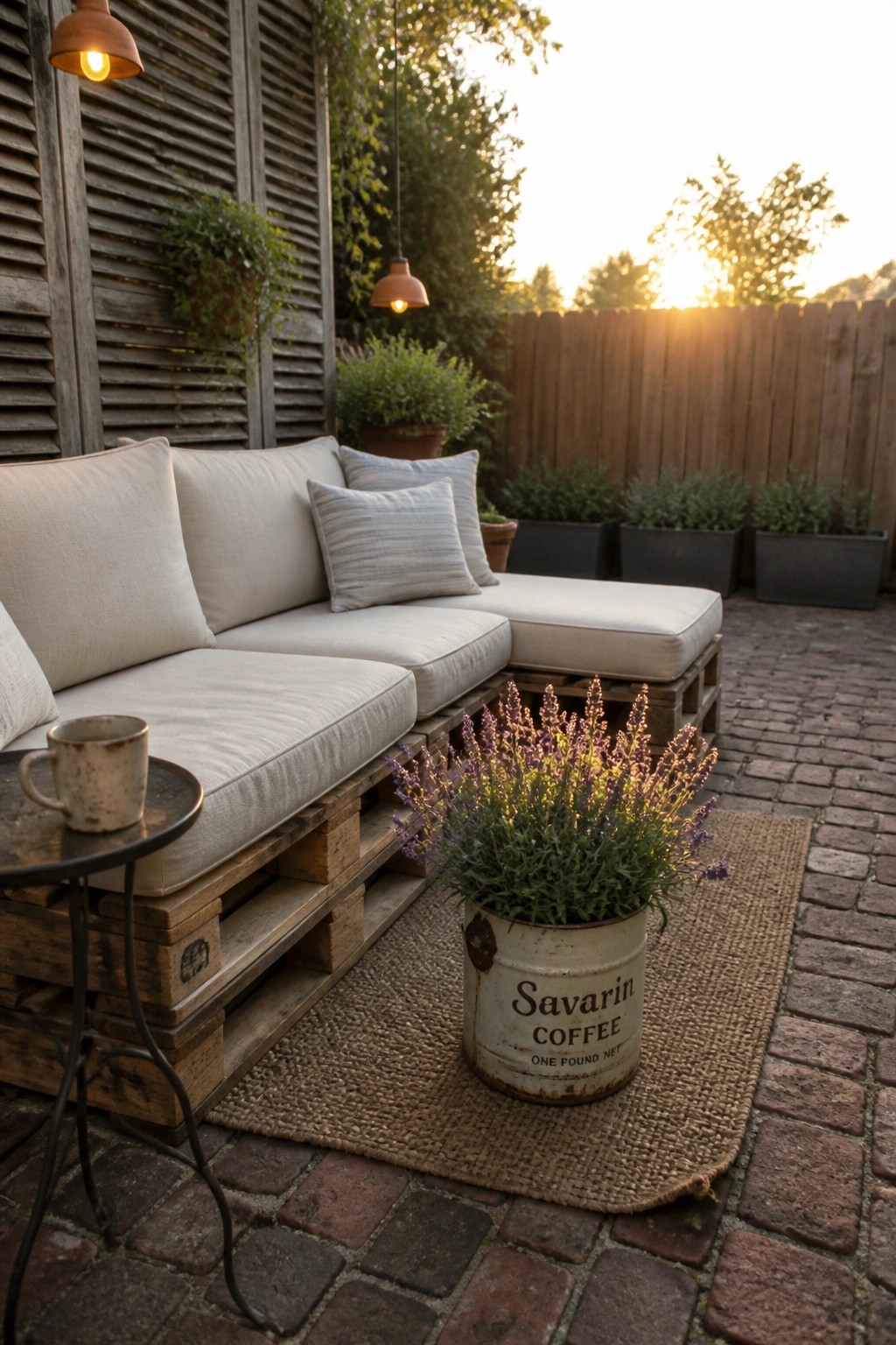 A wooden pallet sectional sofa with light cushions sits on a brick patio beside a metal bucket of lavender and a small side table.