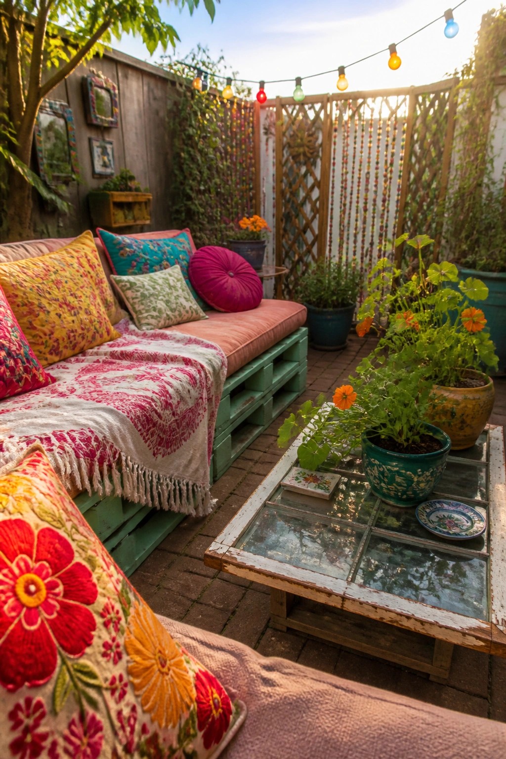 A small brick patio with a green pallet sofa, colorful cushions, a glass-top pallet coffee table, and several potted plants.