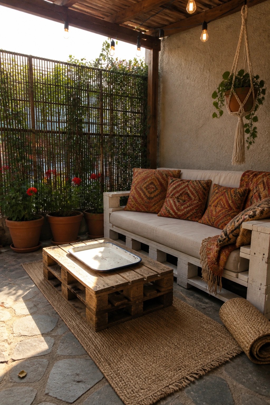 A wooden pallet sofa with cushions and a matching pallet table on a stone patio.
