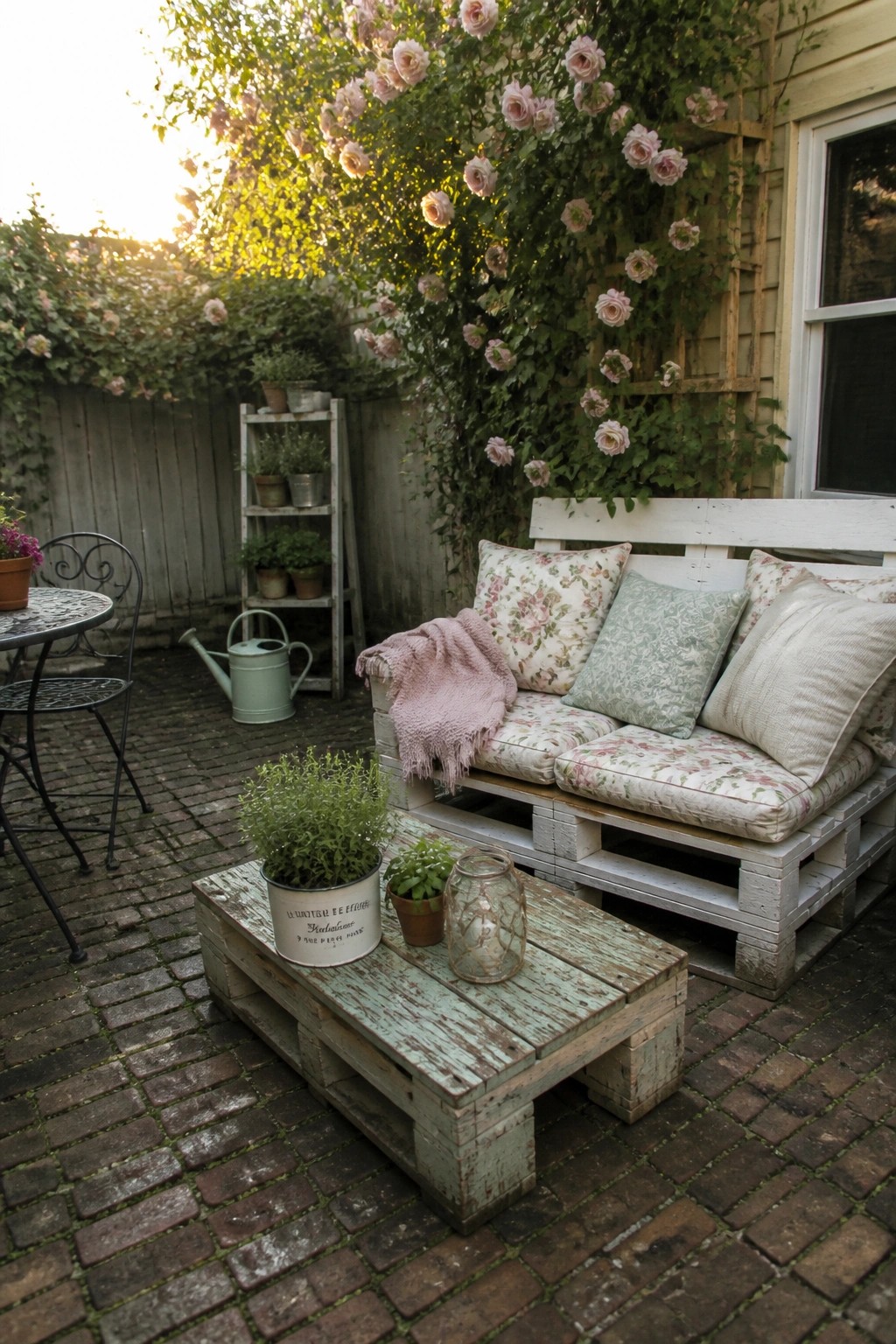 A white painted pallet sofa with cushions sits on a brick patio beside a matching pallet table, with a climbing rose on the wall behind it.