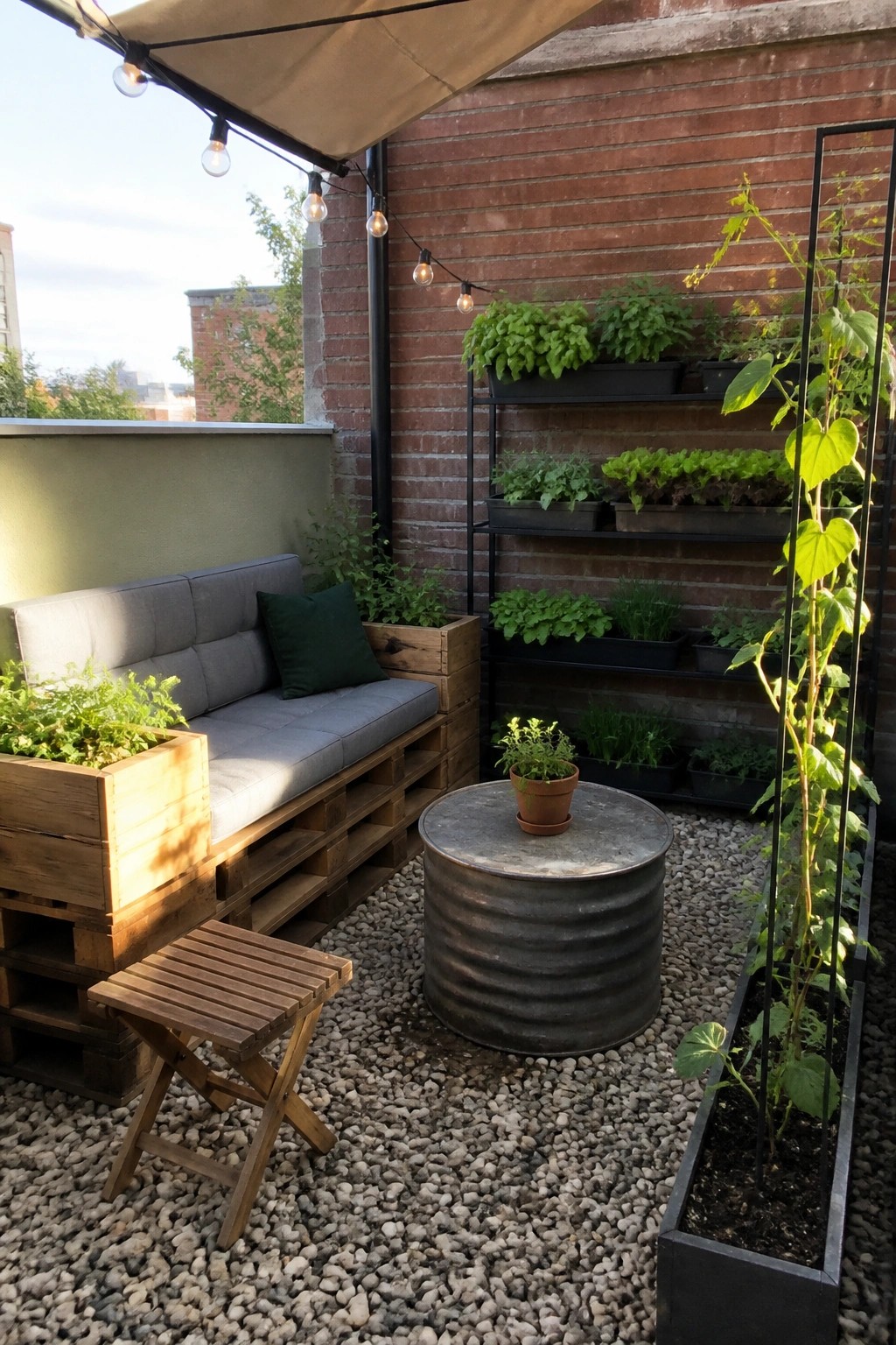 Rooftop patio with pallet sofa, plant shelves, metal table, and gravel floor.