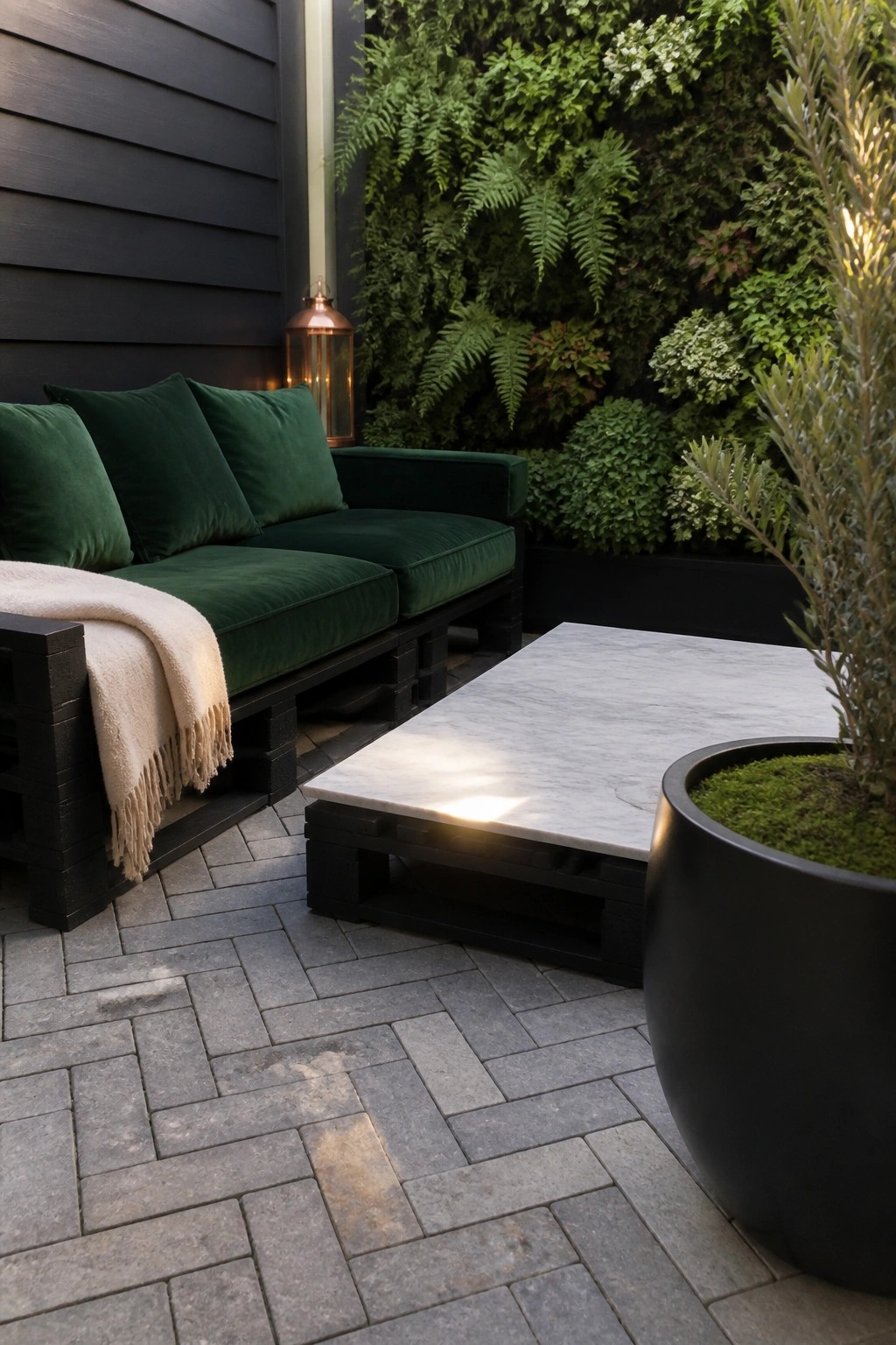 A dark wooden pallet sofa with green cushions on a gray stone patio next to a white marble table and a vertical garden wall.