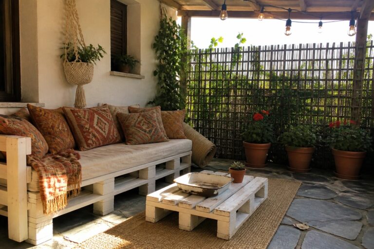 19 Clever Pallet Sofa Ideas Designed for Small Patios A wooden pallet sofa with cushions and a matching pallet table on a stone patio.
