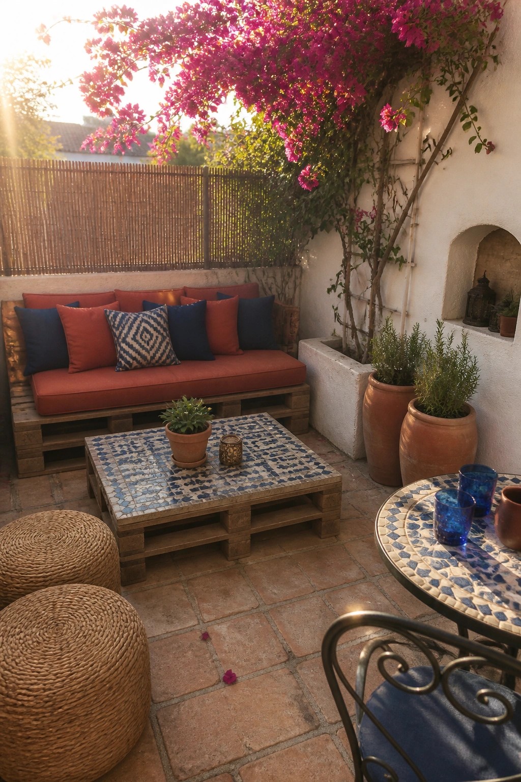 A compact patio with a wooden pallet sofa topped with orange and blue cushions, a matching pallet coffee table, woven poufs, and terracotta pots against a white stucco wall.