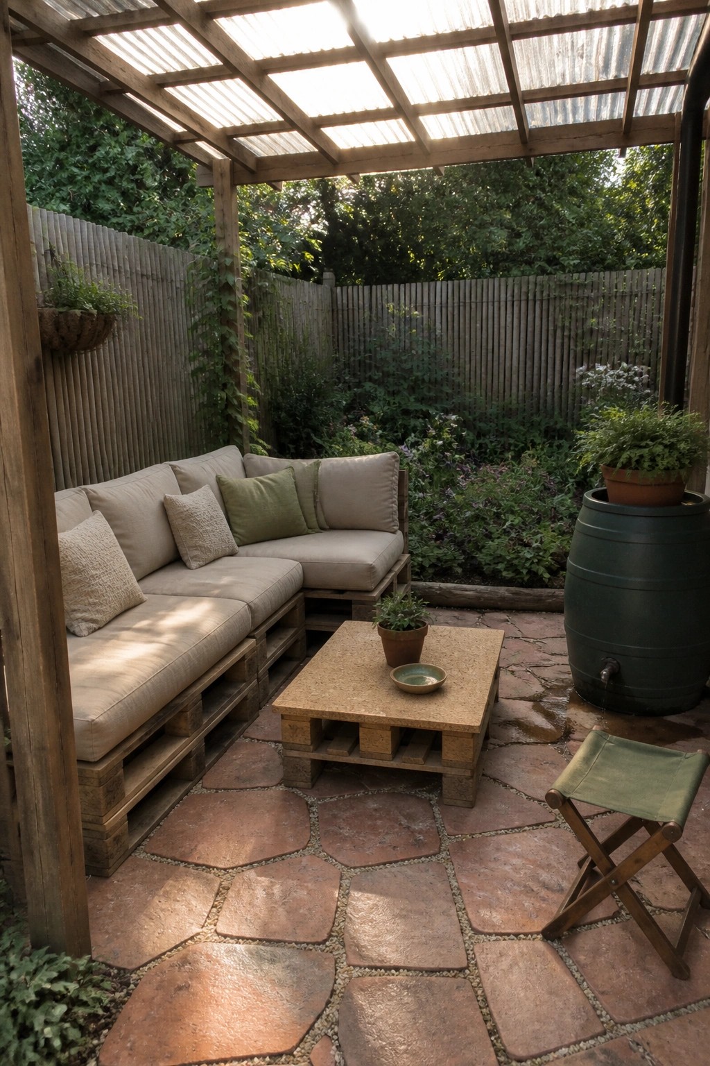 A wooden pallet sofa with beige cushions sits in the corner of a stone patio under a pergola, next to a matching pallet coffee table and a green water barrel.