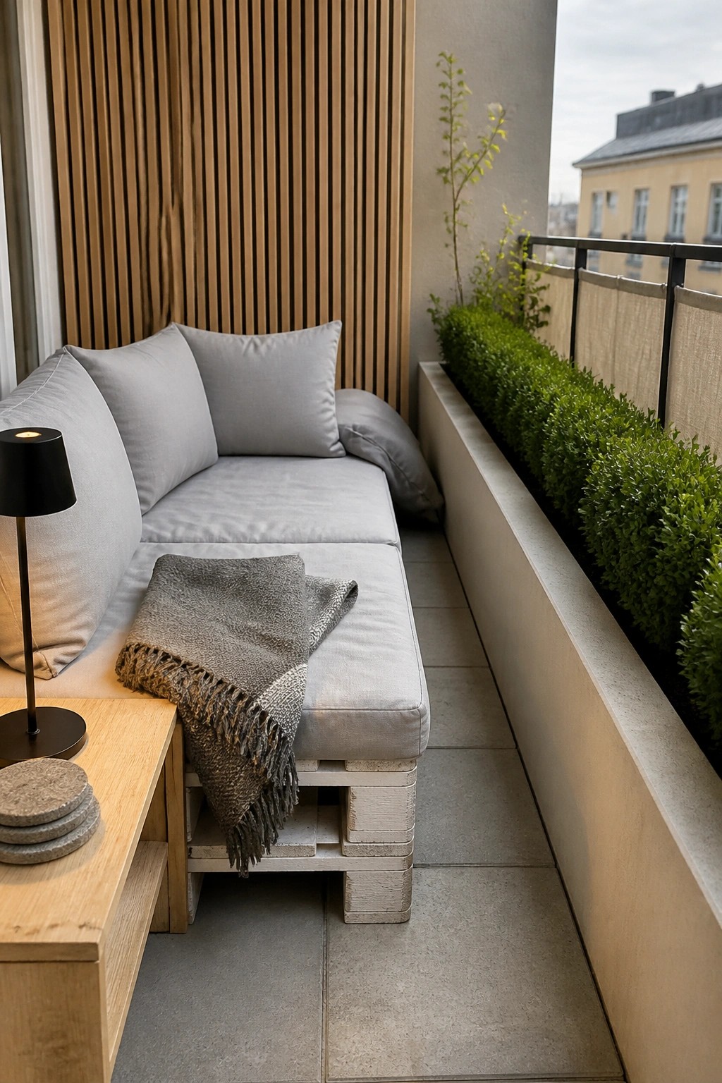 A gray upholstered sofa rests on stacked white wooden pallets on a small tiled balcony beside a long concrete planter filled with green shrubs.